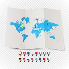 Poster - World map on old map and flags of different countries and symbol