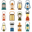 Vintage camping lantern set isolated on white background. Different oil lamp collection. Modern and retro lanterns vector illustration. Various handle gas lamps for tourist hiking.