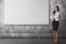 Success Business Woman Wearing Formal Dress Pose With Blank Board