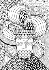 Coffee patterned background for adult coloring book. Hand drawn