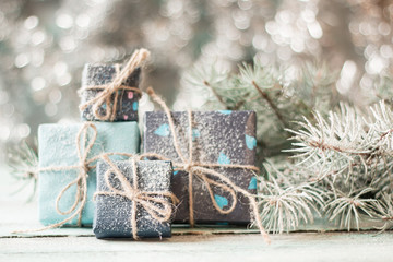 Christmas background with decorations on wooden board. Soft focus.