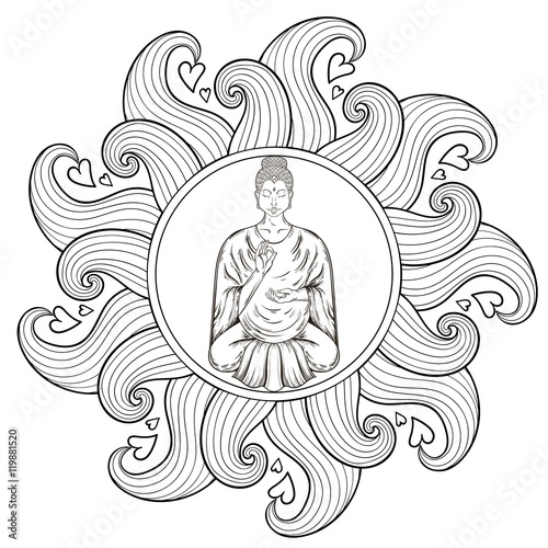 Download Vector Sitting Buddha in Lotus pose, in waves mandala ...