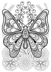 Wall Mural - Zentangle stylized butterfly on grass and flowers. Hand drawn et