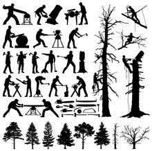 Lumberjack, Tree Climber, Tools And Trees Editable Vector Silhouettes