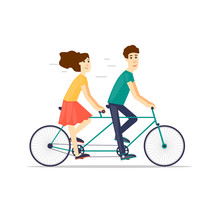 Couple Riding Tandem Bicycle Isolated. Walking, Sports, Traveling. Flat Design Vector Illustration.