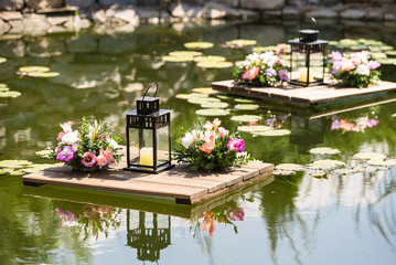 lake with water lilies decorative rafts