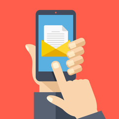 Poster - Smartphone with document and envelope on screen. Hand holds smartphone, finger touches screen. Email concept. Modern graphic flat design vector illustration