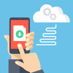 Poster - Downloading file from online cloud storage to mobile phone. Hand holding smartphone, finger touching screen with document and download button. Modern flat design vector illustration