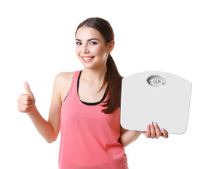 Sticker - Young beautiful woman with scales on white background.