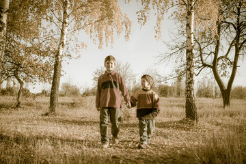 Two boys walking together on autumn park