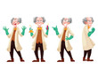 © sabelskaya - Mad professor in lab coat and green rubber gloves, cartoon style vector illustration isolated on white background. Funny laughing white-haired scientist in four different postures