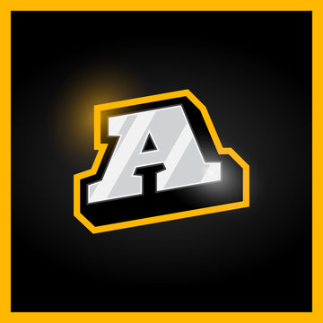 Retro sport style alphabet letter A for logo, titles, monogram. Metal with bold outline font