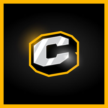 Retro sport style alphabet letter C for logo, titles, monogram. Metal with bold outline font
