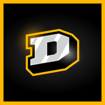 Retro sport style alphabet letter D for logo, titles, monogram. Metal with bold outline font