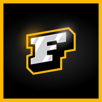 Retro sport style alphabet letter F for logo, titles, monogram. Metal with bold outline font