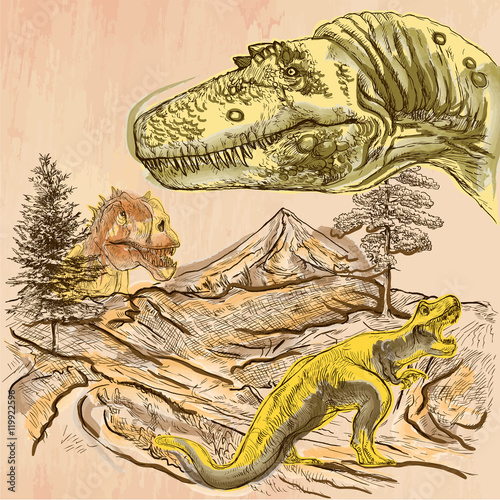 Photo Dinosaurs - An hand drawn vector. Line art.