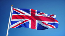 Great Britain Flag Waving Against Clean Blue Sky, Close Up, Isolated With Clipping Path Mask Alpha Channel Transparency