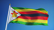 Zimbabwe flag waving against clean blue sky, close up, isolated with clipping path mask alpha channel transparency