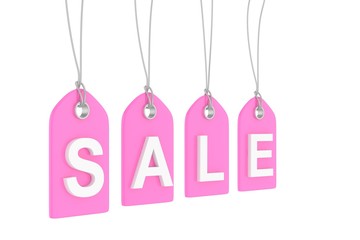 Pink isolated sale labels on white background. Price tags. Special offer and promotion. Store discount. Shopping time. 3D rendering.