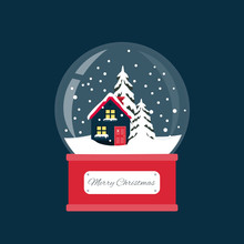 Merry Christmas Snow Globe With A Small House And Fir-tree Under The Snow. New Year Gift.