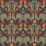 Vector seamless pattern with roosters and flowers.