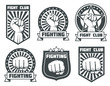 Fight club with fist vintage labels, logos, emblems vector set