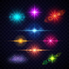 Sticker - Realistic color lens flare light effects, vector party lights set