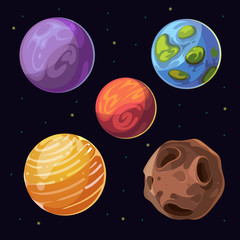 Sticker - cartoon alien planets, moons asteroid on space background