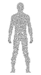 Silhouette of a man in circuit scheme style. Android, mechanical man, cyborg. Electronic computer man. Vector illustration.