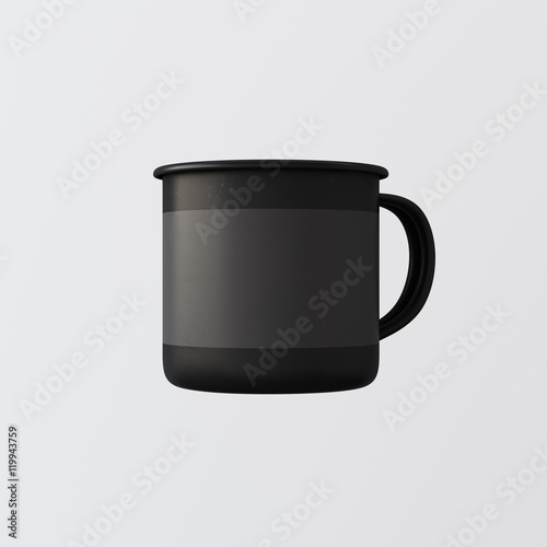 Download One Blank Black Color Metal Coffee Mug Isolated Empty Background Clean Matte Enamel Cup Mockup Ready Corporate Design Message Vintage Style Horizontal Studio Shooting Side View 3d Rendering Stock Illustration Adobe Stock