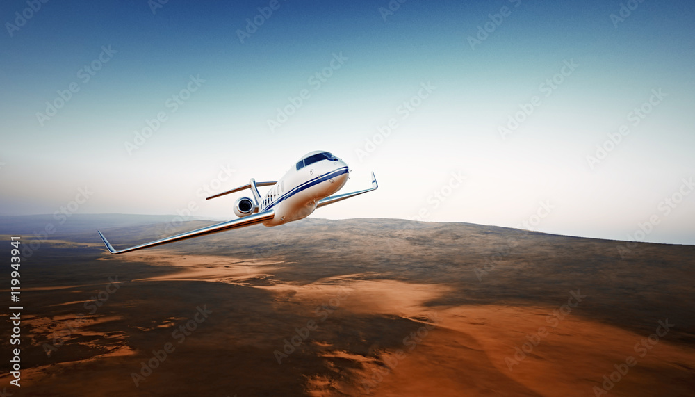 Realistic Photo White Luxury Generic Design Airplane.Private Jet Cruising High Altitude, Flying Over Mountains.Empty Blue Sky with Sun Background. Business Travel Concept. Horizontal. 3D rendering. - obrazy, fototapety, plakaty 