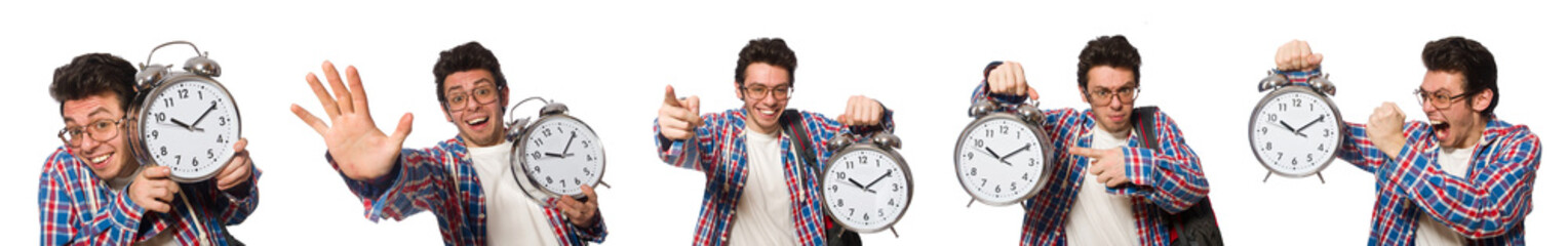 Wall Mural - Student with alarm clock isolated on white
