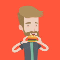 Sticker - Man eating hamburger vector illustration.