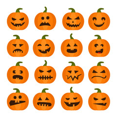 Wall Mural - Vector halloweens pumpkin set illustration icons isolated on white background. Halloween holiday facial expressions spooky food