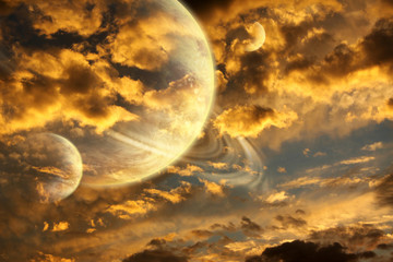 Canvas Print - beautiful sunset with storm sky and planets