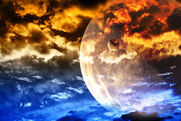 Wall Mural - beautiful sunset with storm sky and planets