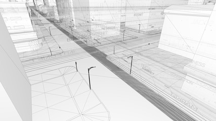 Poster - digital skyscrappers with wireframe texture. technology and conn