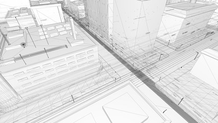 Poster - Digital skyscrappers with wireframe texture. Technology and conn