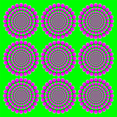 Wall Mural - blooming pink wheels motion illusion. it seems the wheels with magenta dots on green background beco