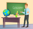 Geography teacher stands at the blackboard