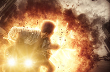 Woman On A Motor Bike On Exploding Background