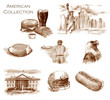 Hand-drawn watercolor American Collection. Set of USA illustrations: American football, ball, referee, helmet, fast food - burger and hot dog, Statue of Liberty and White House, and the eagle