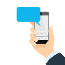 Smartphone With Message. Isolated Hand Holding Smartphone With Blank Template Message Bubble On White Background.