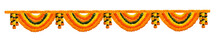 Indian Festive Decoration - Photograph Of Garland Of Orange And Yellow Marigold (Tagetes) Flowers And Green Leaf Arranged In Alternate Order, Isolated Over White Background