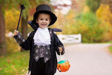 Canvas Print - Cute boy in the park, wearing magician costume for Halloween