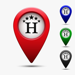Poster - Colored map pointer with symbol hotel or rest room with stars . For location maps. Mark icon. Travel H sign for navigation. Index location on map. Pointer location. Vector isolated illustration.