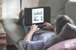 © GENETTICA - Young man lying comfortably on the sofa while using the laptop with financial information displayed in graphical form on the screen. View from behind.