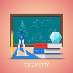 Geometry science education concept vector poster in flat style design. Math symbols on a school chalkboard