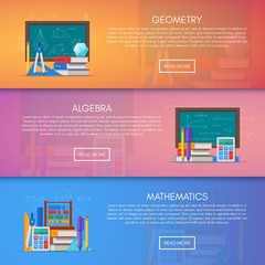 geometry, algebra and math vector banners. science education concept poster in flat style design