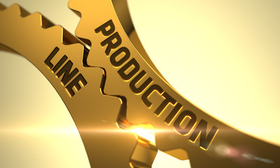 Poster - Production Line Concept. Golden Cog Gears. 3D Illustration.